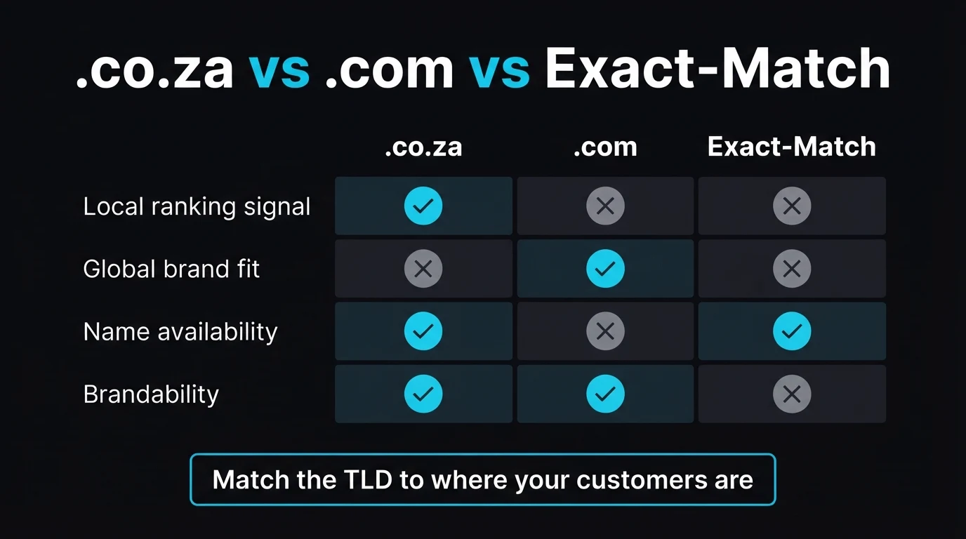 .co.za vs .com vs exact-match domain comparison for SEO — local ranking signal, brand fit, name availability and brandability